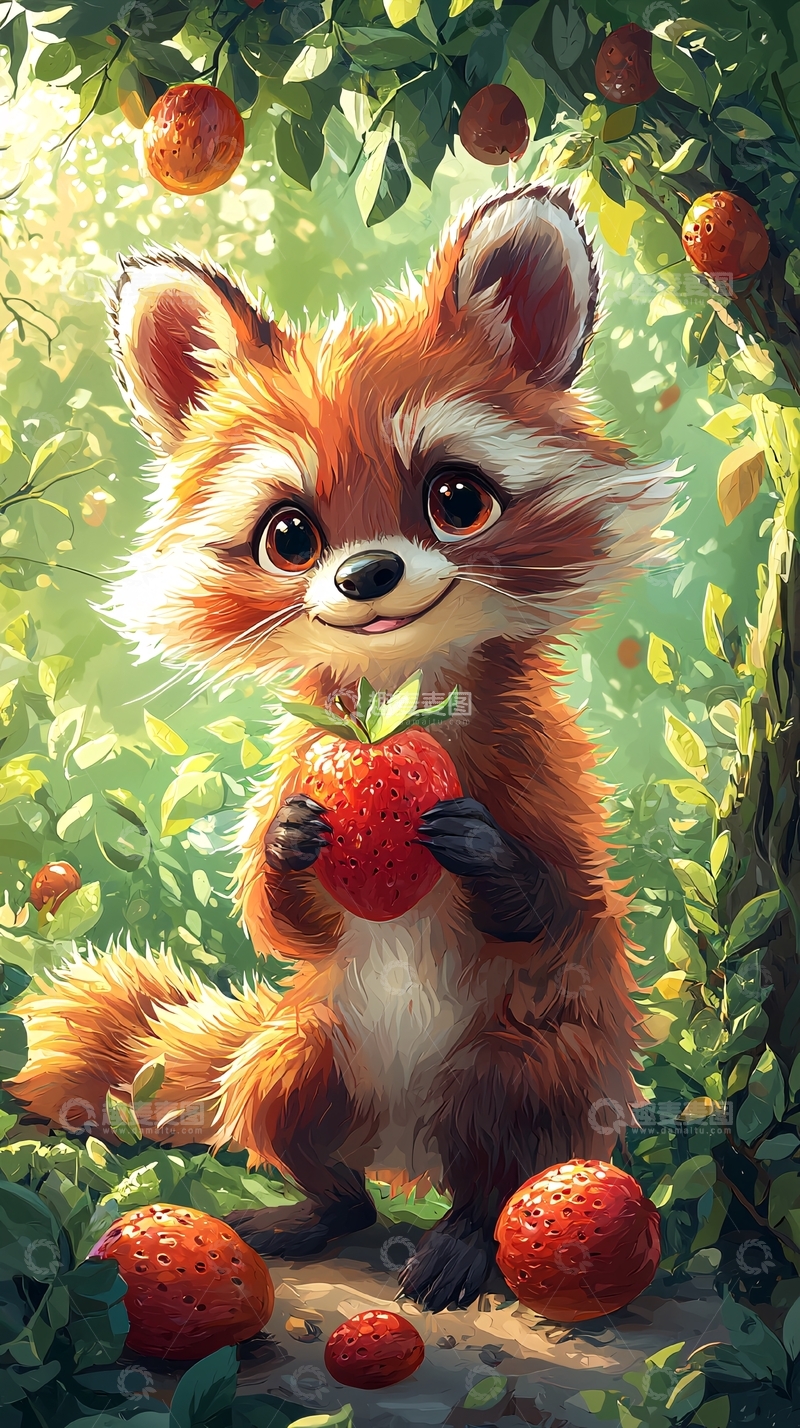 高清大图下载【趣麦麦图】可爱小浣熊吃草莓