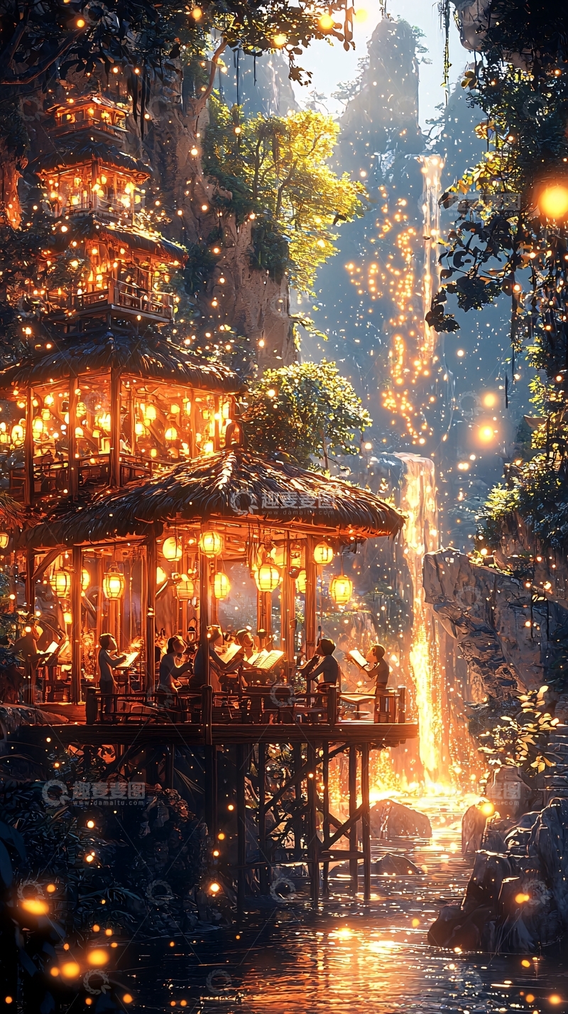 高清大图下载【趣麦麦图】梦幻瀑布边的餐厅