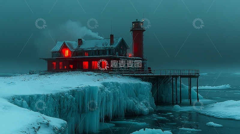 高清大图下载【趣麦麦图】极寒冰雪海边红灯塔小屋