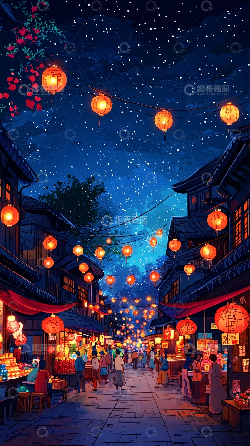 高清大图下载【趣麦麦图】古镇夜景灯笼闪耀