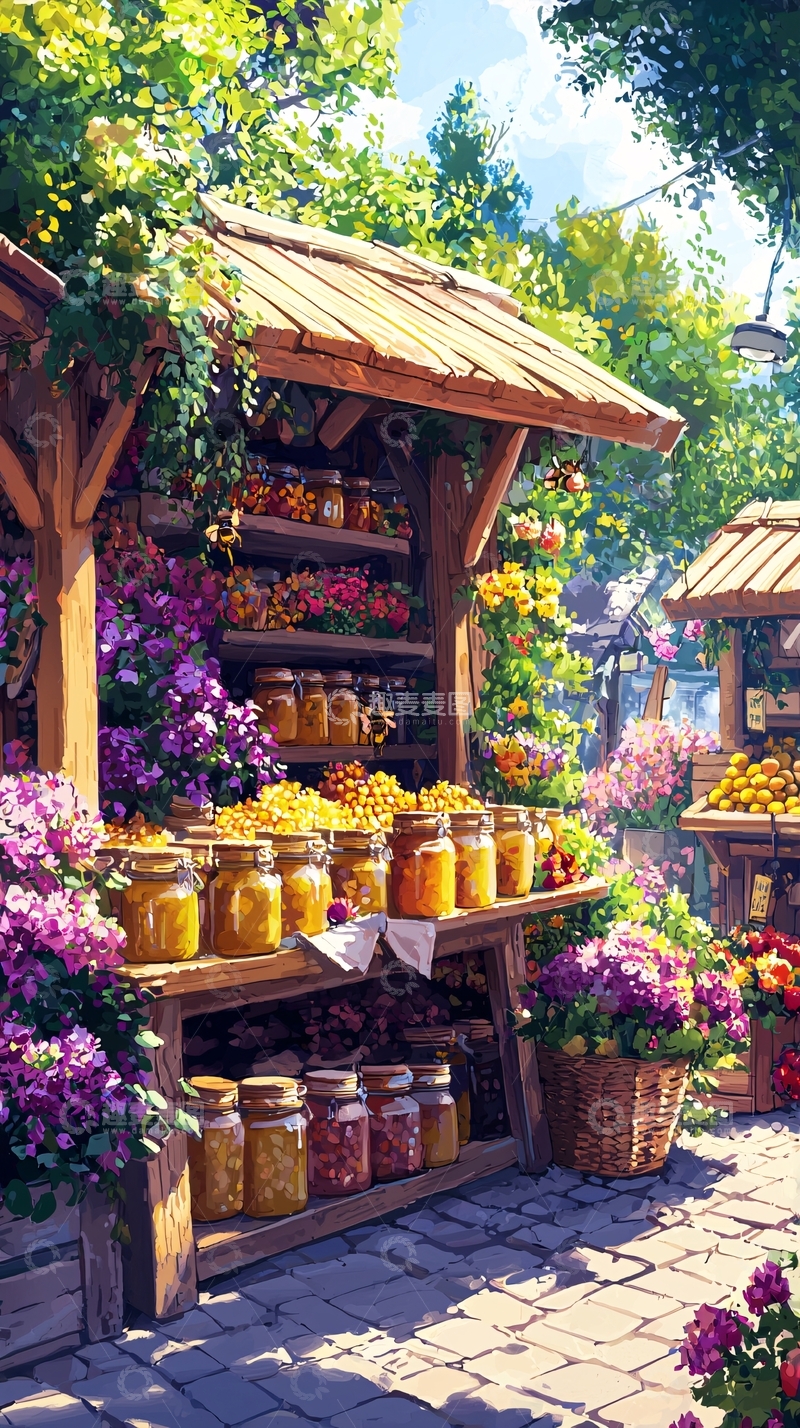 高清大图下载【趣麦麦图】阳光下的花卉与果酱小摊