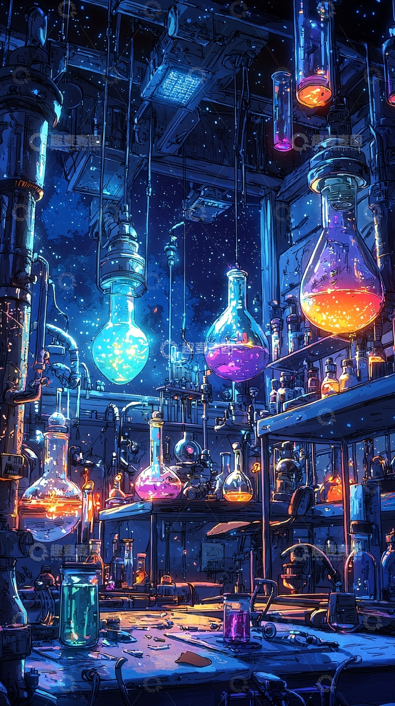 高清大图下载【趣麦麦图】科幻实验室夜景瓶子发光