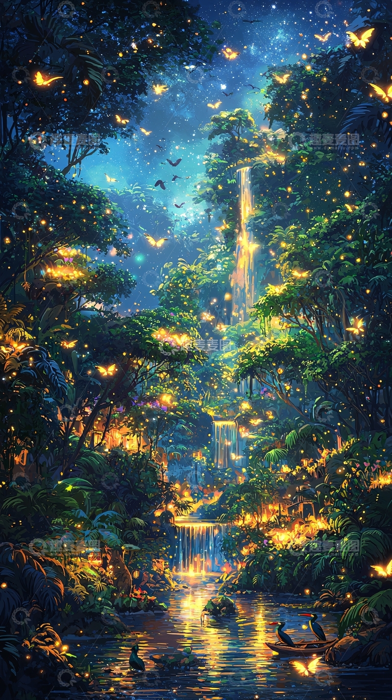 高清大图下载【趣麦麦图】萤火虫飞舞的梦幻森林