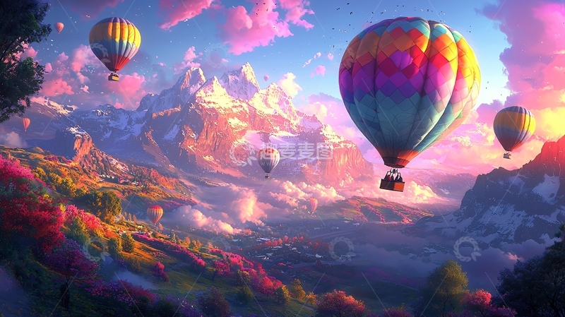 高清大图下载【趣麦麦图】梦幻热气球雪山风景