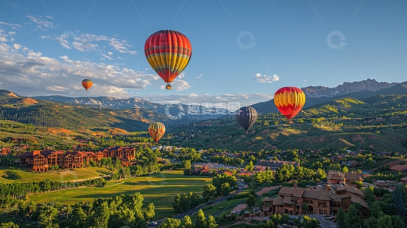 高清大图下载【趣麦麦图】热气球飞越山谷小镇