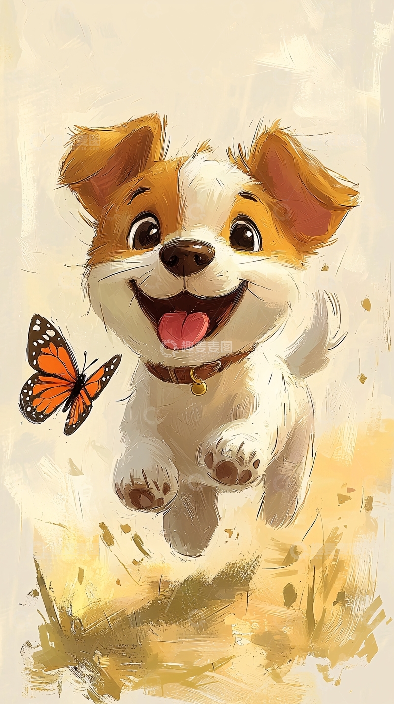 高清大图下载【趣麦麦图】快乐小狗追逐蝴蝶