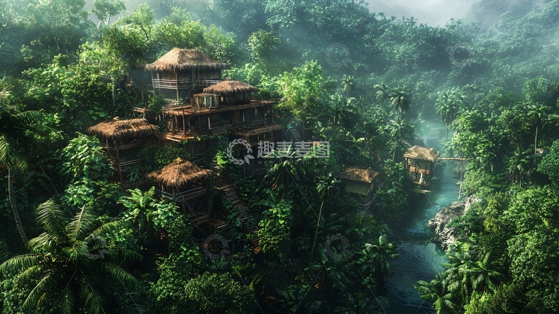 高清大图下载【趣麦麦图】热带雨林中的木质建筑群