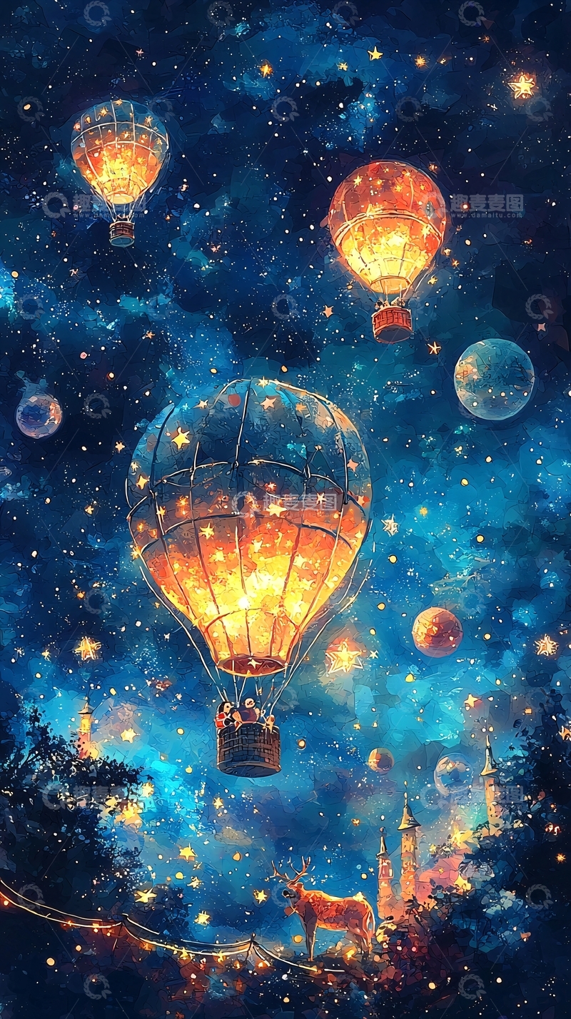 高清大图下载【趣麦麦图】星空热气球