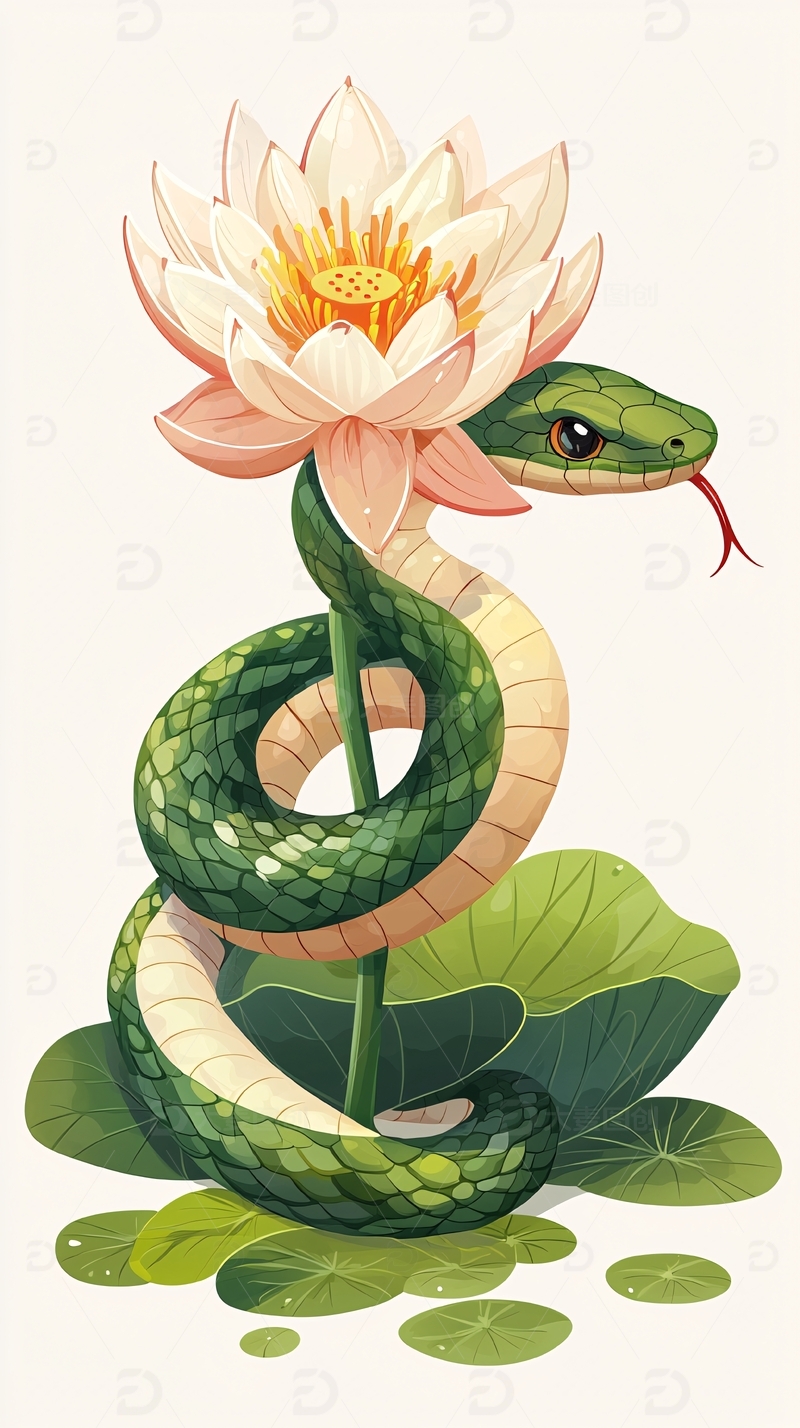 绿蛇缠绕莲花