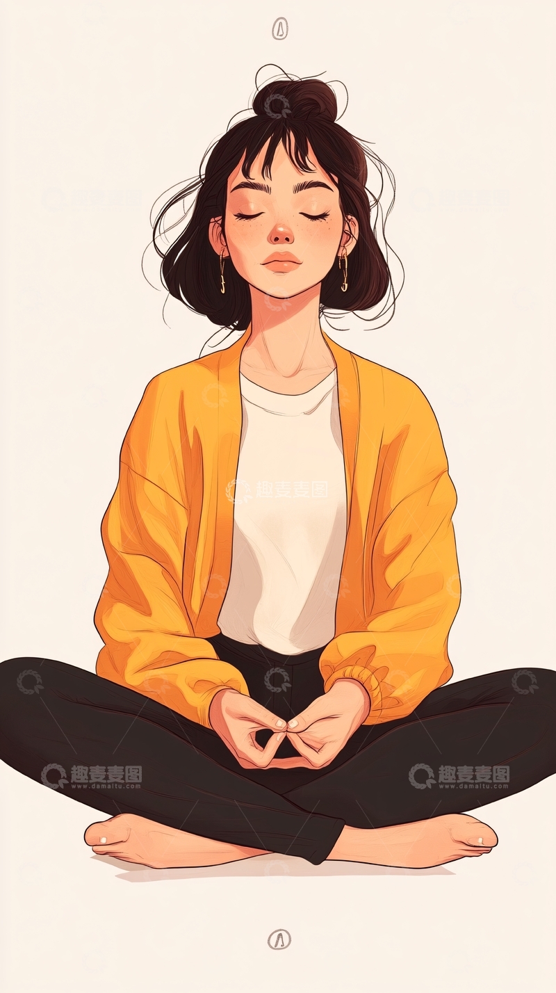 高清大图下载【趣麦麦图】闭眼冥想女孩插画