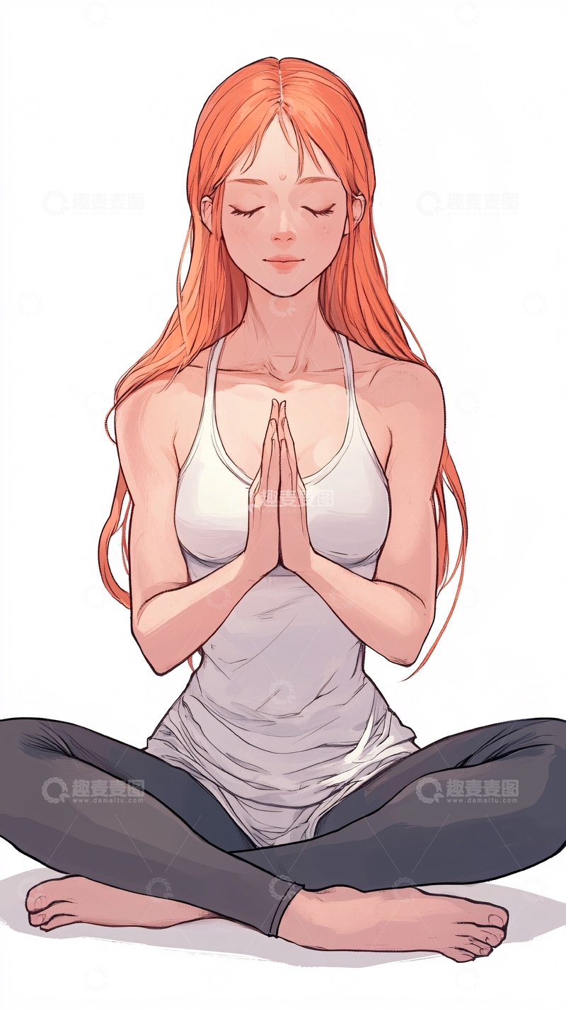 高清大图下载【趣麦麦图】红发女子瑜伽冥想