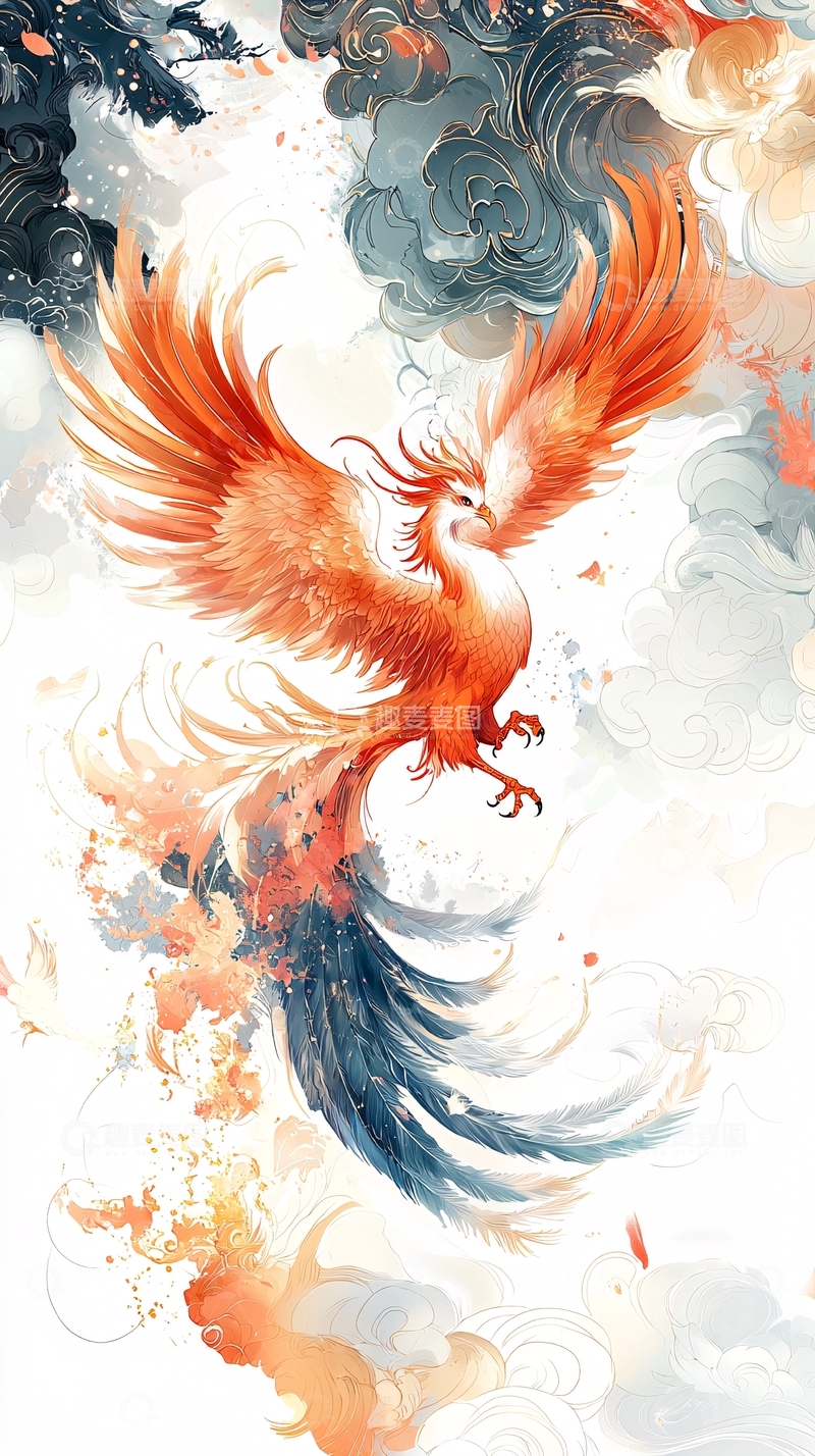 高清大图下载【趣麦麦图】燃烧的凤凰水彩画