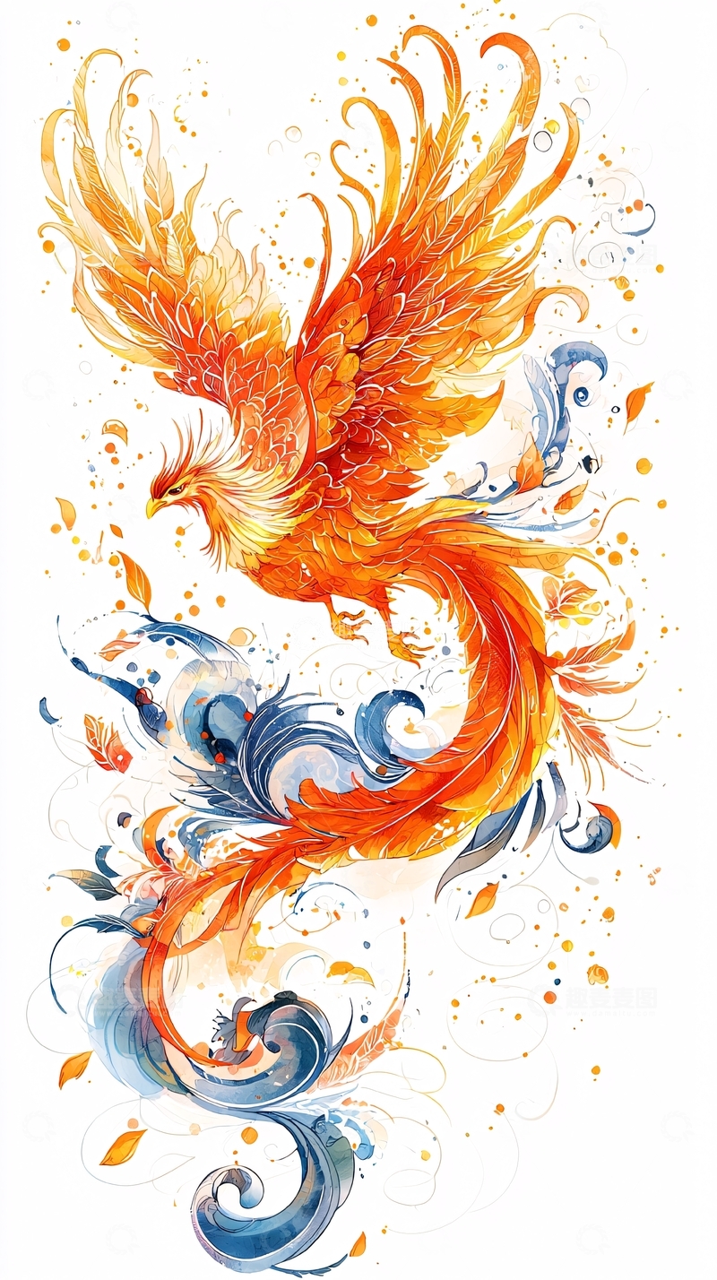 高清大图下载【趣麦麦图】火焰凤凰水彩插画