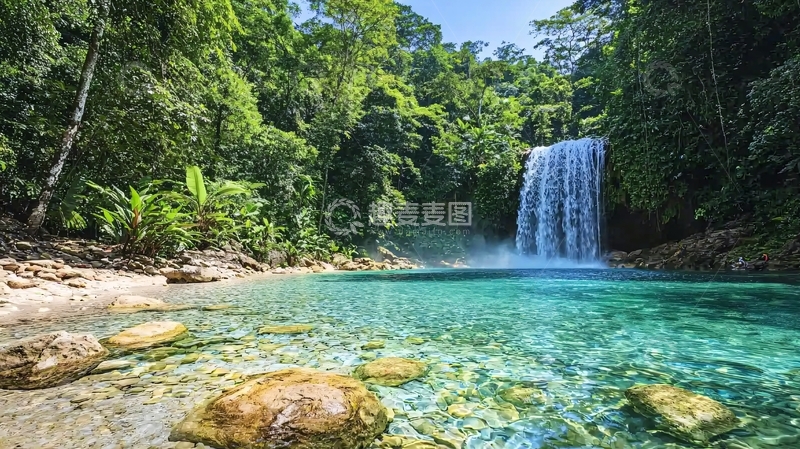 高清大图下载【趣麦麦图】热带雨林瀑布清澈碧蓝