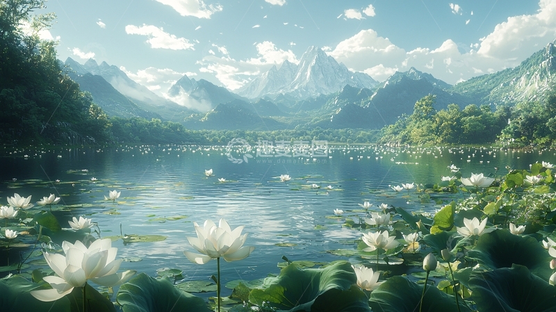 高清大图下载【趣麦麦图】梦幻湖泊白莲山峰