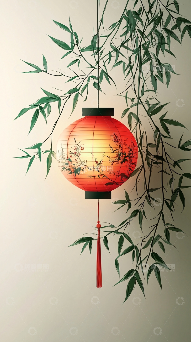 高清大图下载【趣麦麦图】红色灯笼与竹枝的静谧画面