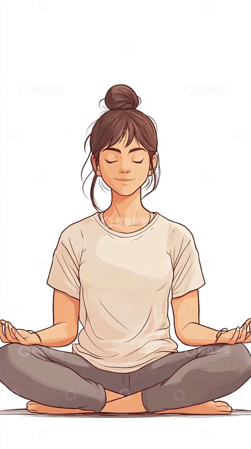 高清大图下载【趣麦麦图】盘腿打坐冥想女子插画