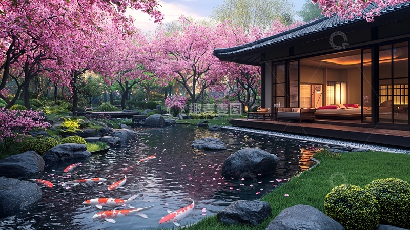 高清大图下载【趣麦麦图】樱花树下的日式庭院