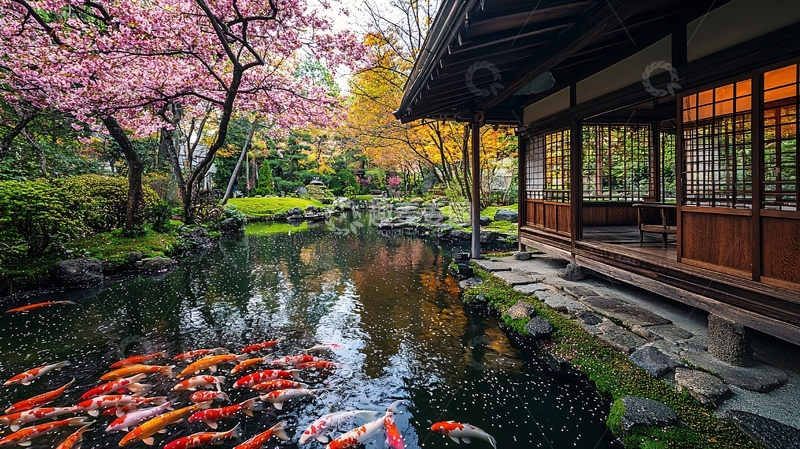 高清大图下载【趣麦麦图】樱花树下日式庭院