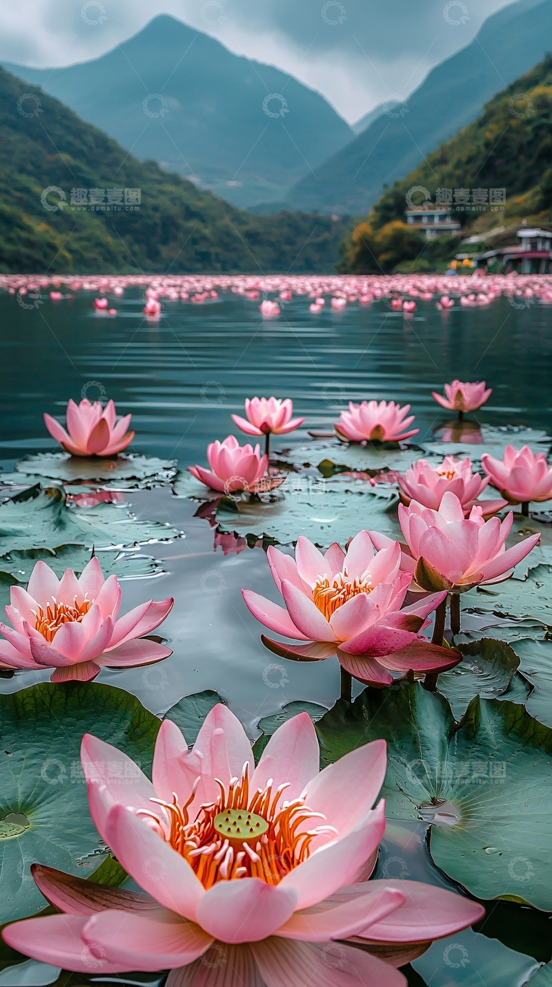 高清大图下载【趣麦麦图】粉嫩莲花山间湖泊