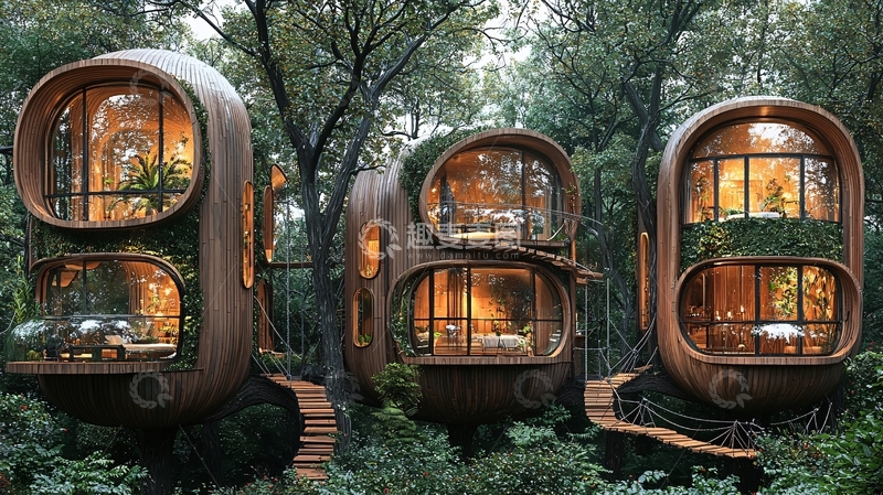 高清大图下载【趣麦麦图】森林树屋别墅群