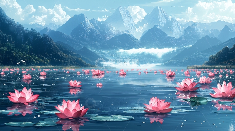 高清大图下载【趣麦麦图】梦幻粉色莲花湖泊雪山