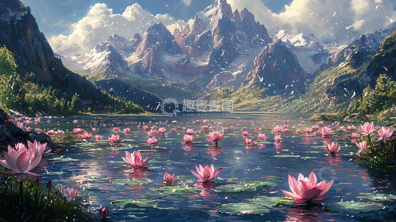 高清大图下载【趣麦麦图】梦幻山谷湖泊睡莲