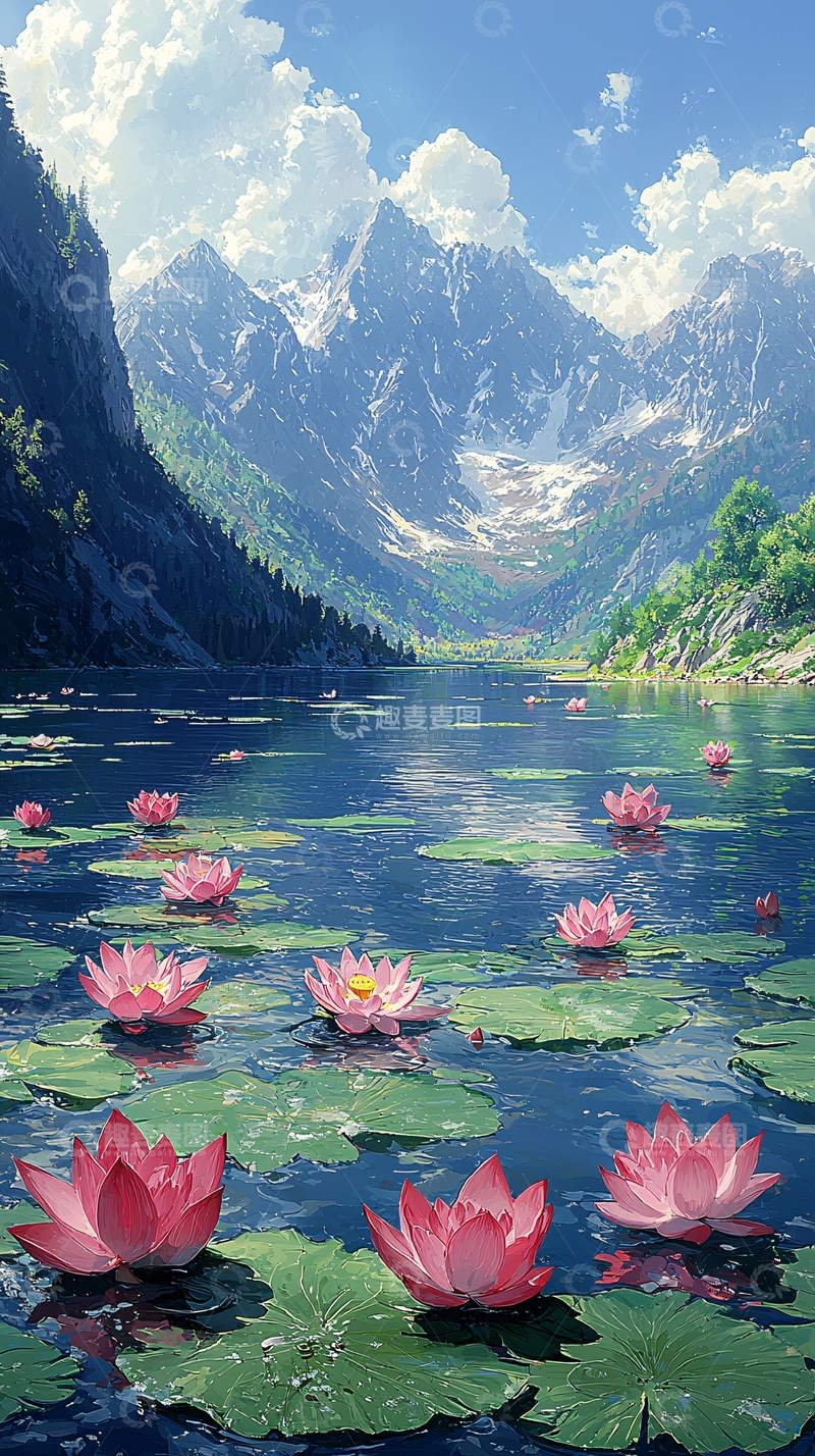 高清大图下载【趣麦麦图】雪山湖泊莲花风景画