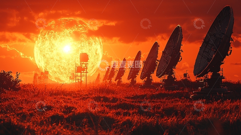 高清大图下载【趣麦麦图】火红的夕阳下射电望远镜