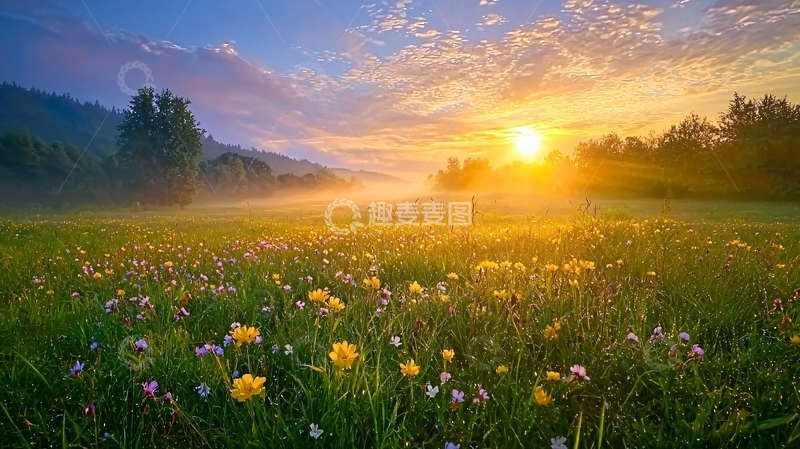 高清大图下载【趣麦麦图】清晨阳光下的花海