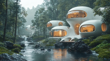 雨中森林里的未来建筑