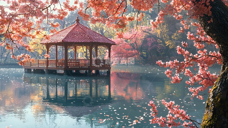 高清大图下载【趣麦麦图】湖中亭台与红叶美景