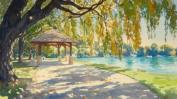 树荫下湖边凉亭