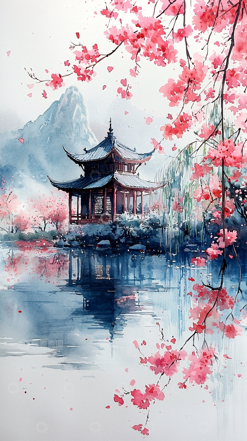 高清大图下载【趣麦麦图】水面倒影的亭台楼阁