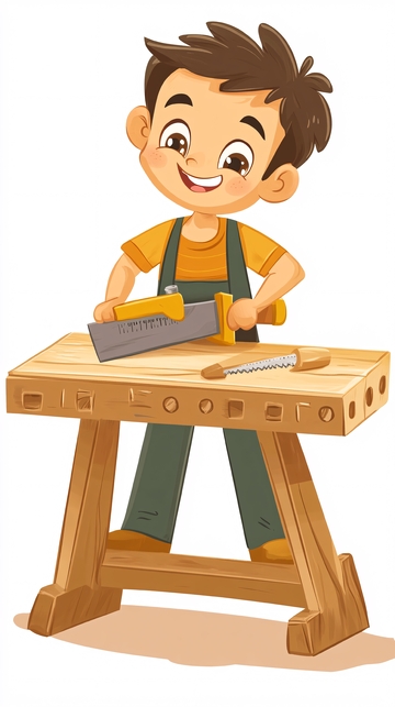 开心的小男孩在木工桌前锯木头