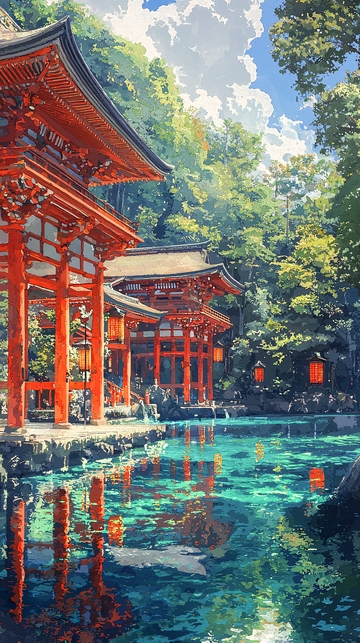 红枫叶神社山水画