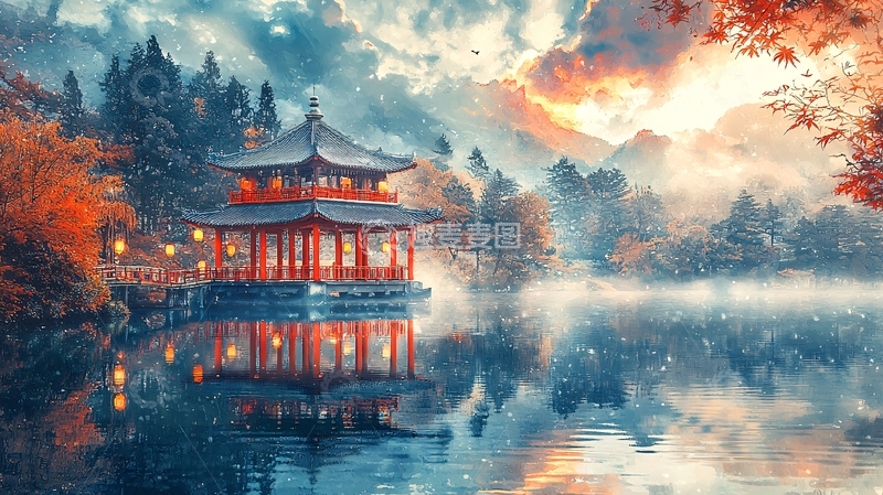 高清大图下载【趣麦麦图】湖边古建筑风景