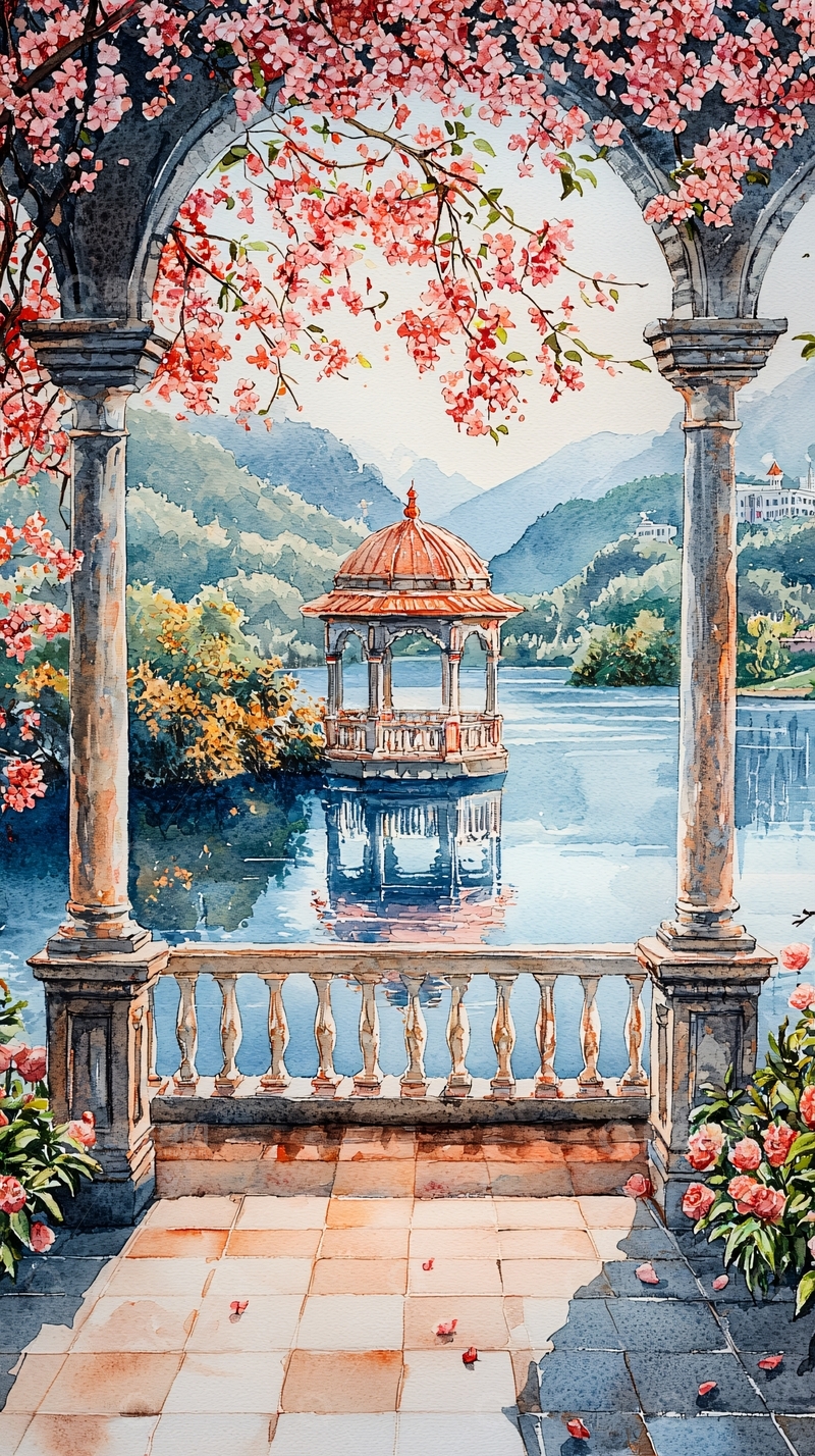 高清大图下载【趣麦麦图】水彩花园凉亭