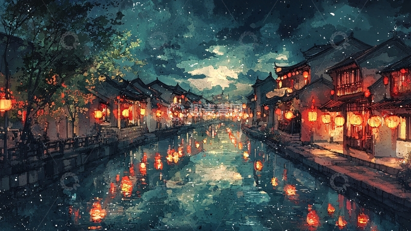 高清大图下载【趣麦麦图】水墨江南夜景