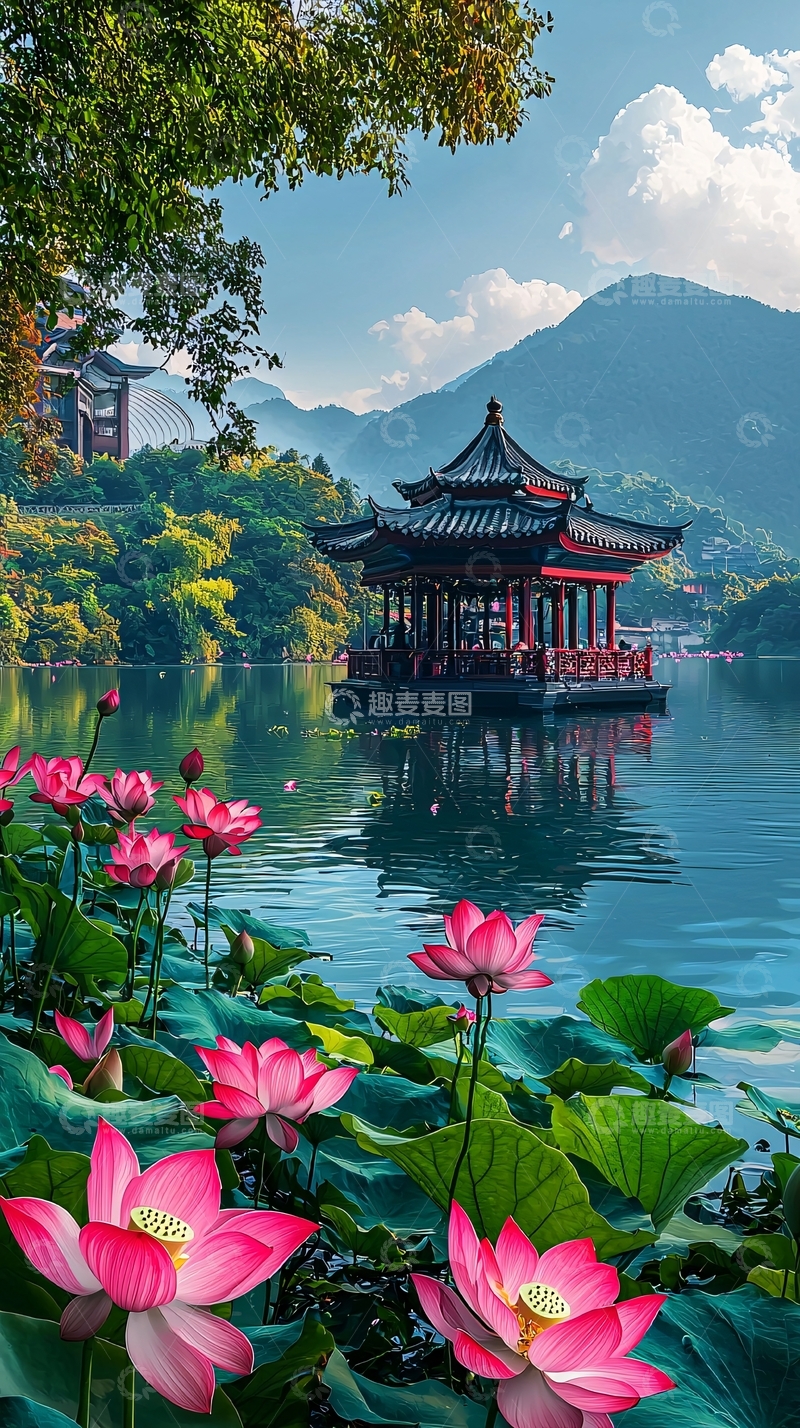 高清大图下载【趣麦麦图】湖中亭台荷花盛开