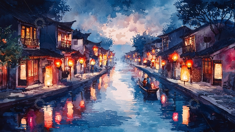 高清大图下载【趣麦麦图】水墨风江南水乡夜景