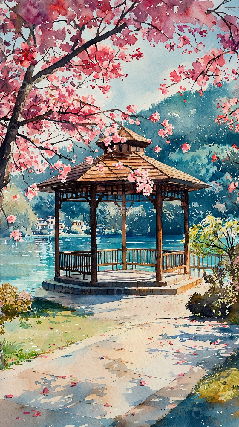 高清大图下载【趣麦麦图】水彩亭台樱花烂漫