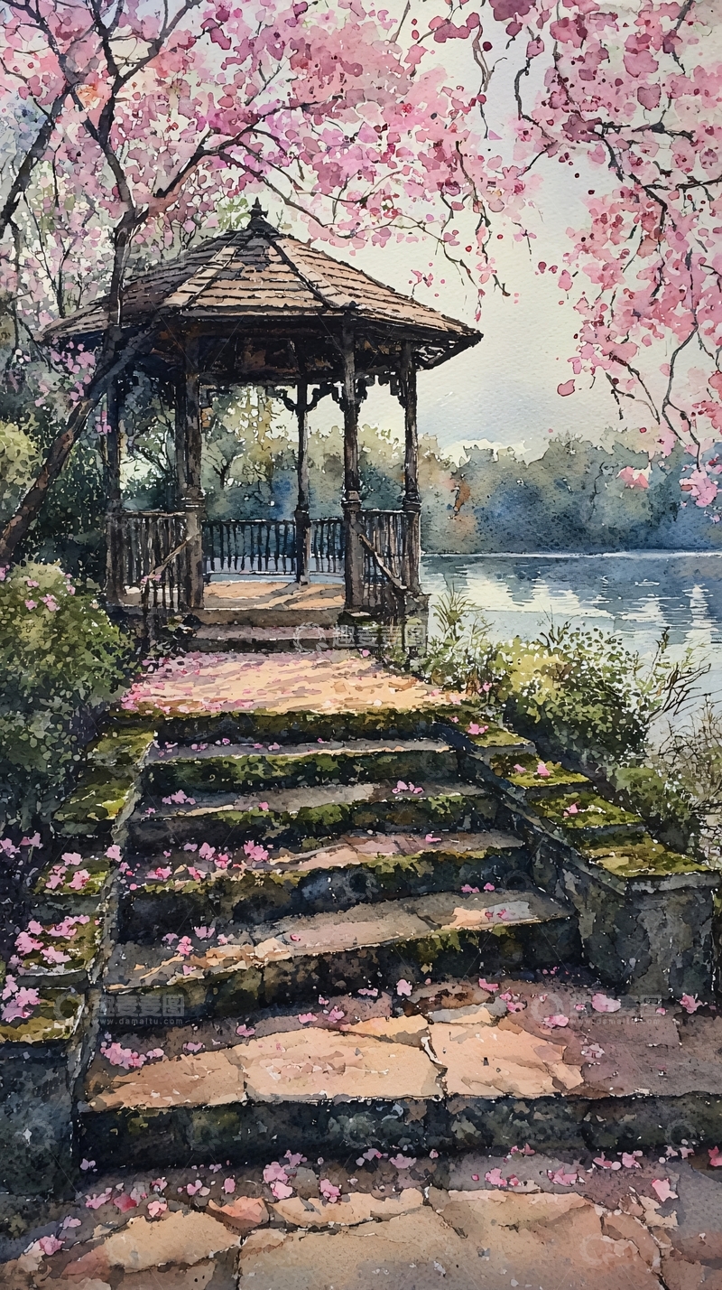 高清大图下载【趣麦麦图】樱花树下凉亭