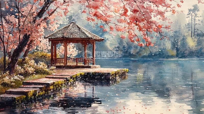 高清大图下载【趣麦麦图】水边凉亭与樱花树的唯美景色