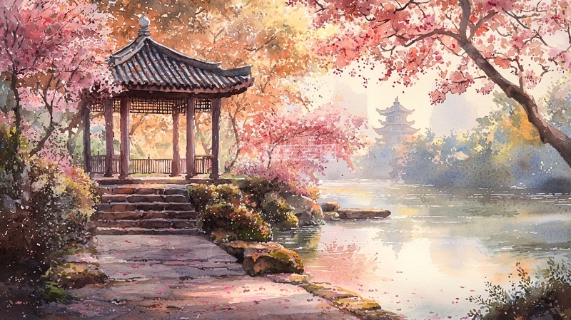 高清大图下载【趣麦麦图】水彩风中国亭子樱花