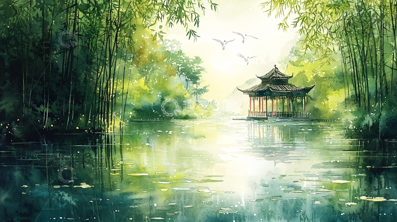 高清大图下载【趣麦麦图】水墨风亭台楼阁山水画