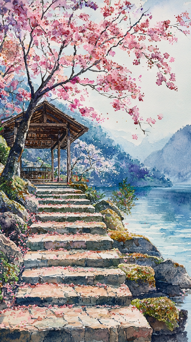 高清大图下载【趣麦麦图】樱花树下石阶