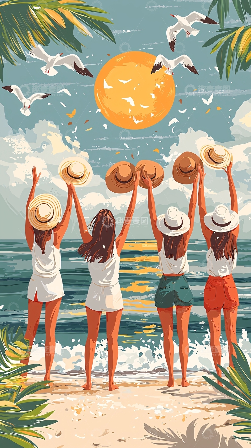高清大图下载【趣麦麦图】海滩女孩举帽子