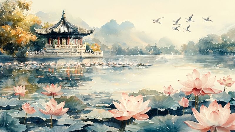 高清大图下载【趣麦麦图】水墨风亭台楼阁荷花湖景