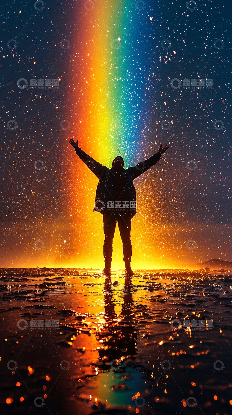 高清大图下载【趣麦麦图】张开双臂拥抱彩虹星空的人